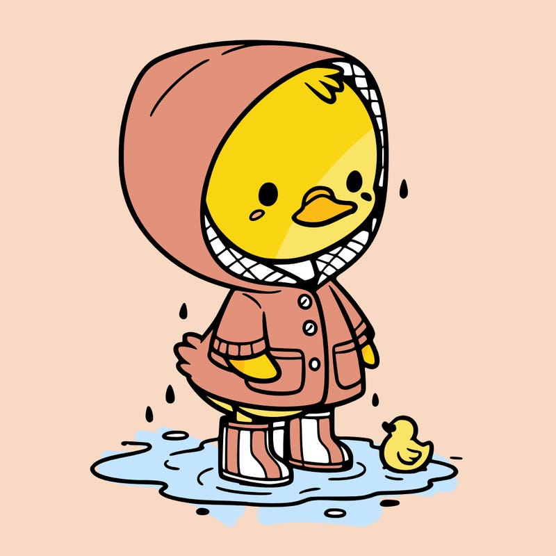 baby duck in a rain coat and boots, in a puddle while it’s raining