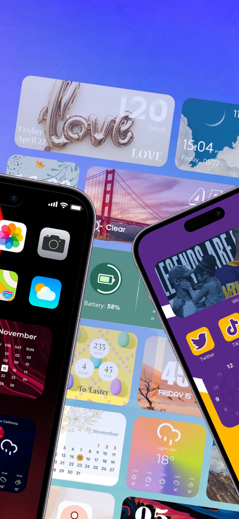 A collection of aesthetic iPhone home screen designs featuring custom widgets and icons