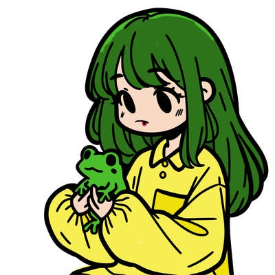 girl with long hair and a oversized shirt. and she is holding a frog
