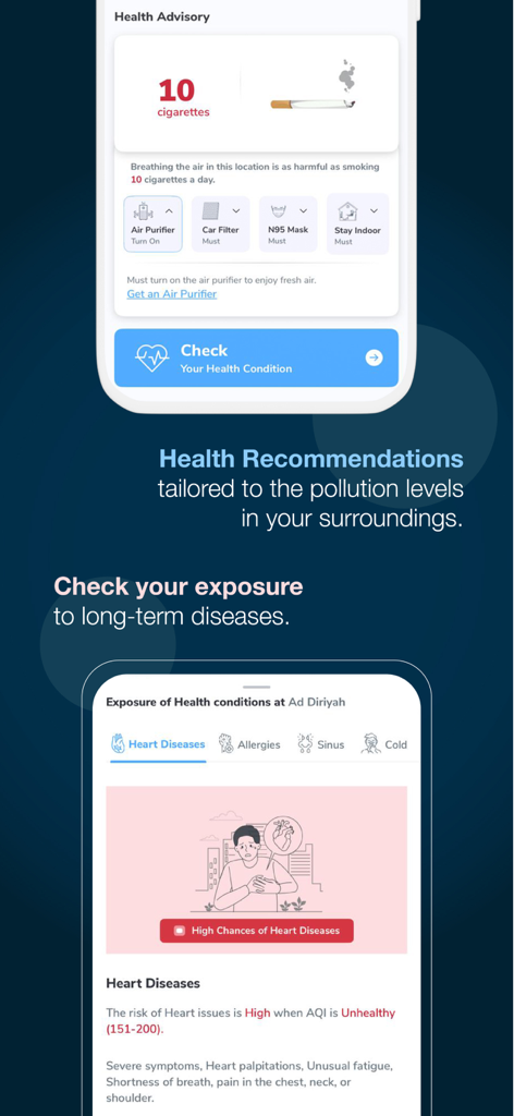 AQI mobile app screens showing health recommendations and long term disease exposure risks based on air pollution levels