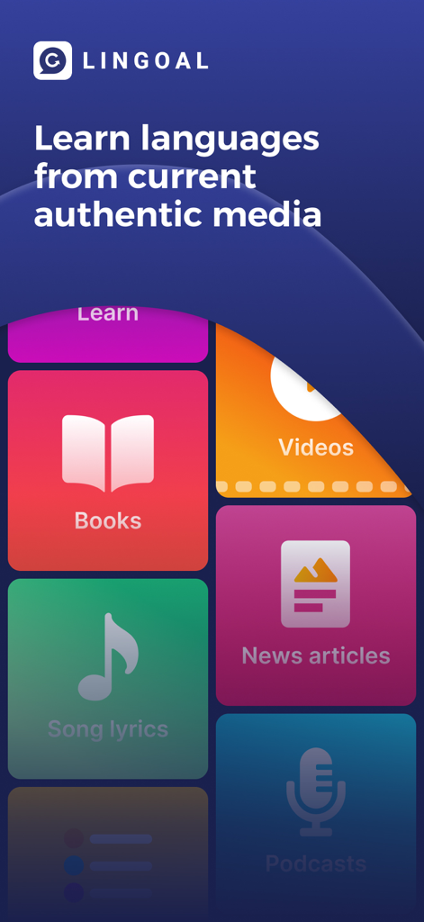 Lingoal: Languages with media - Écran d'accueil de l'application Lingoal mettant en évidence divers types de médias pour l'apprentissage des langues comme les livres, les vidéos et les actualités