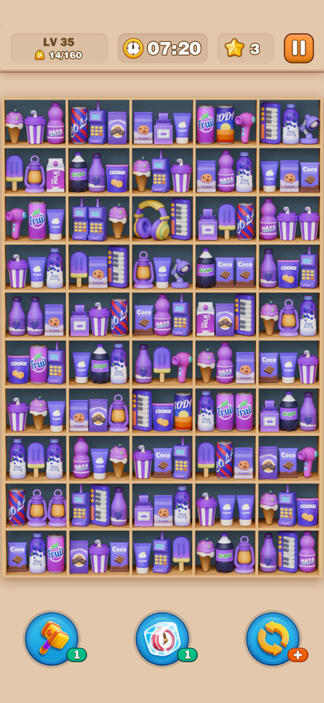 棚に様々な紫色の3D商品が置かれたパズルゲームのインターフェース