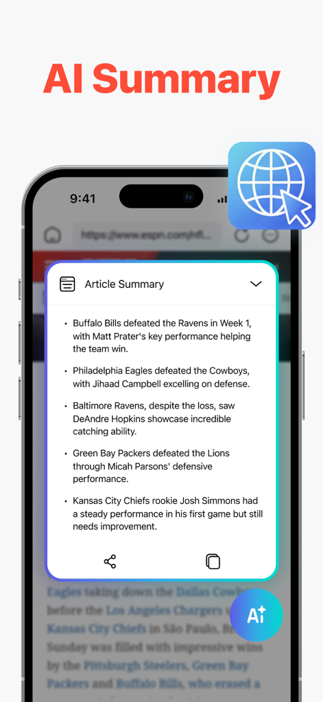 Resumo de IA de um artigo esportivo em um dispositivo móvel dentro do aplicativo Private Video Saver