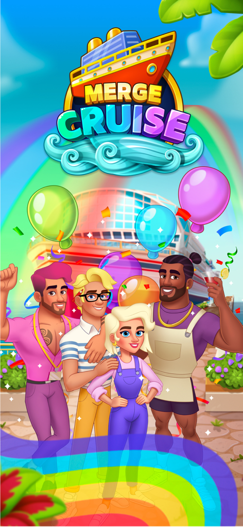 Main characters and a luxury ship on the Merge Cruise Mystery Puzzle title screen