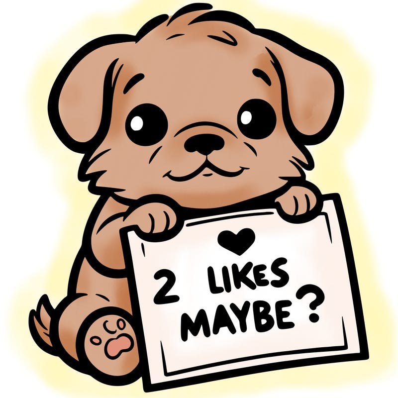 a puppy holding a sign that says 2 likes maybe?