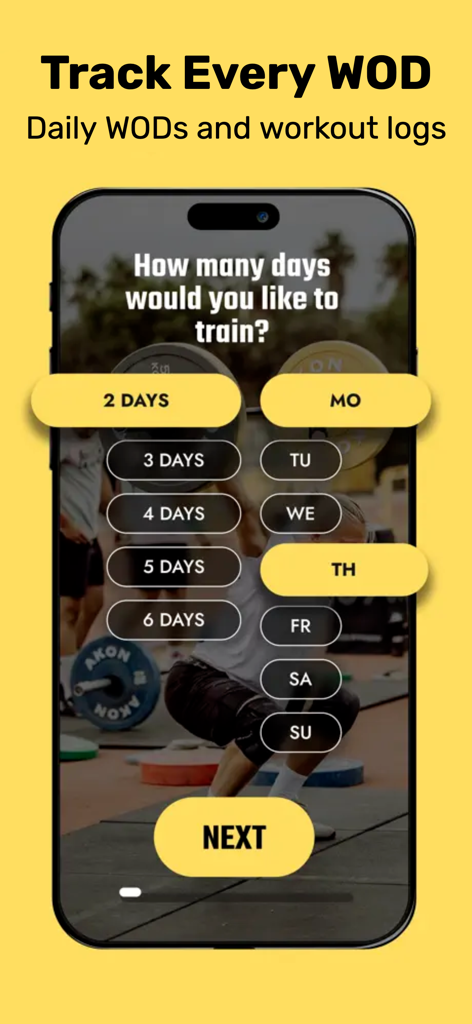 WOD App: Timer & AI Workout - Screen showing options to select workout frequency and specific training days.