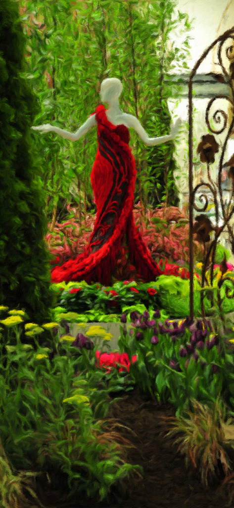 Artista Impresso - Pintura impresionista digital de un maniquí con un vestido rojo en un exuberante jardín de flores