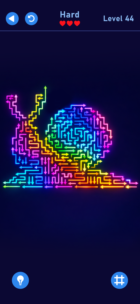 Arrow World - Puzzle Out Game - Un puzzle de lógica con forma de caracol hecho de flechas de neón multicolor en el nivel 44 de Arrow World.