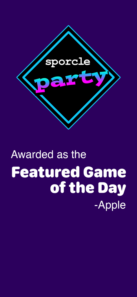 Sporcle Party app logo on a purple background with text mentioning it was awarded Featured Game of the Day by Apple.