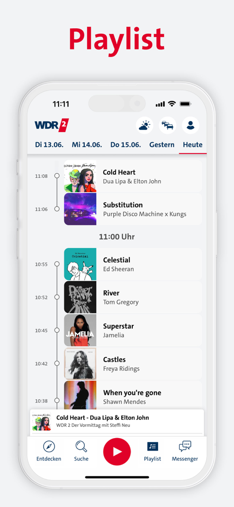 WDR 2 app showing a chronological list of recently played radio songs