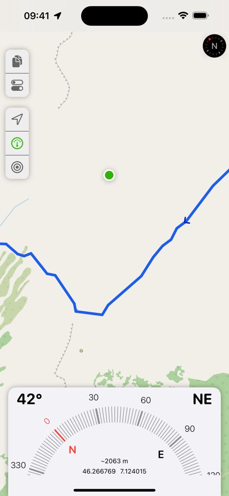GPX viewer 2 - Interfaz de GPX viewer 2 que muestra navegación de mapa y una brújula digital con datos GPS