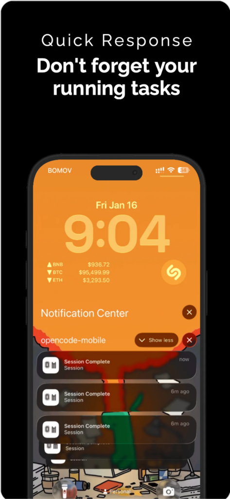 iPhone lock screen showing multiple session complete push notifications from the OpenCode Mobile app