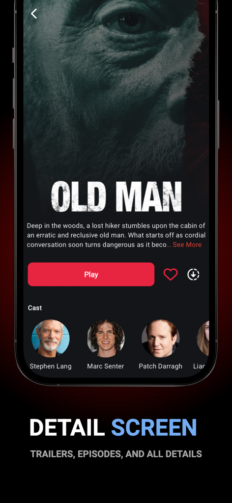 A detailed movie information screen in the Tivix IPTV Player app displaying cast members and a play button