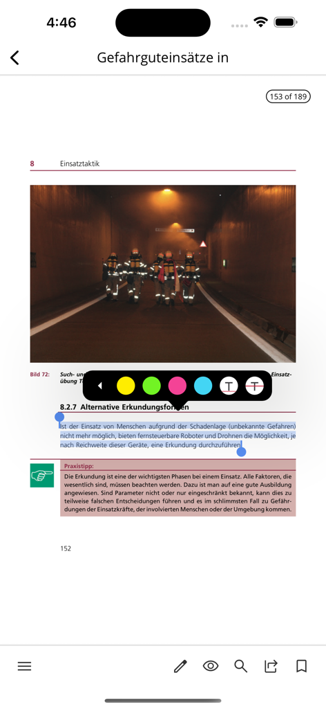 Ein technischer Brandschutzartikel in der BRANDSchutz-App mit einer Anmerkungs-Symbolleiste zum Hervorheben von Text.