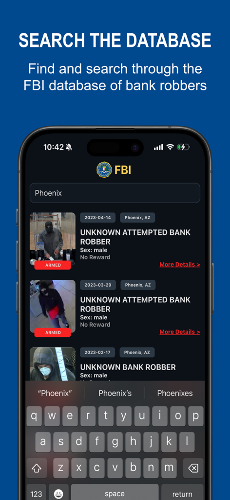 FBI Bank Robbers - Search screen of the FBI Bank Robbers app showing suspects in Phoenix Arizona
