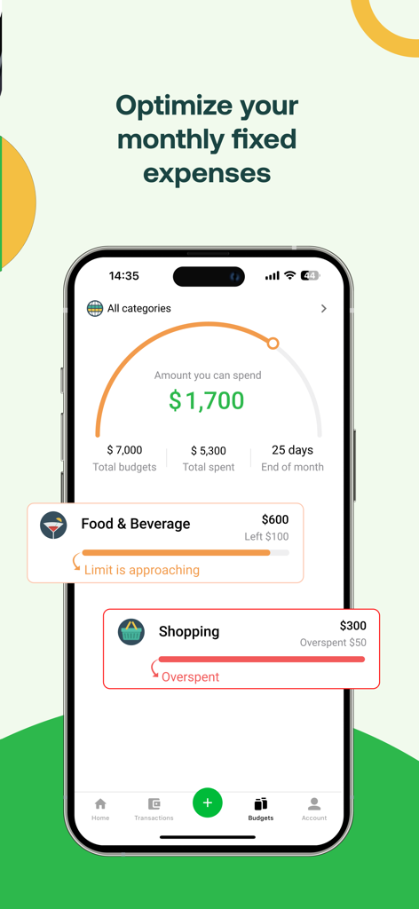 Money Lover app interface showing monthly budget status and category spending alerts