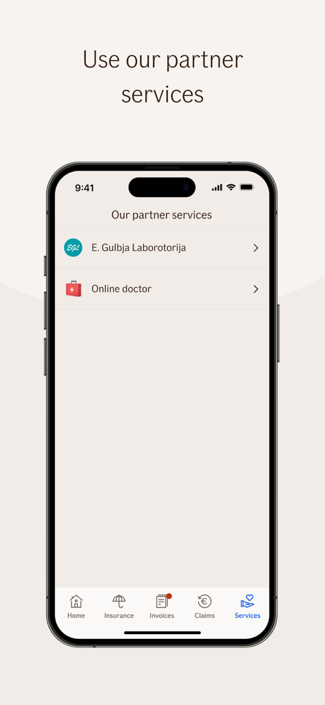 Interfaccia dell'app If Mobile Baltics che mostra i servizi partner disponibili come medico online e laboratorio medico.