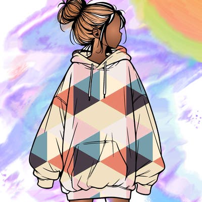 realistic girl with a oversized sweatshirt on and a bun
