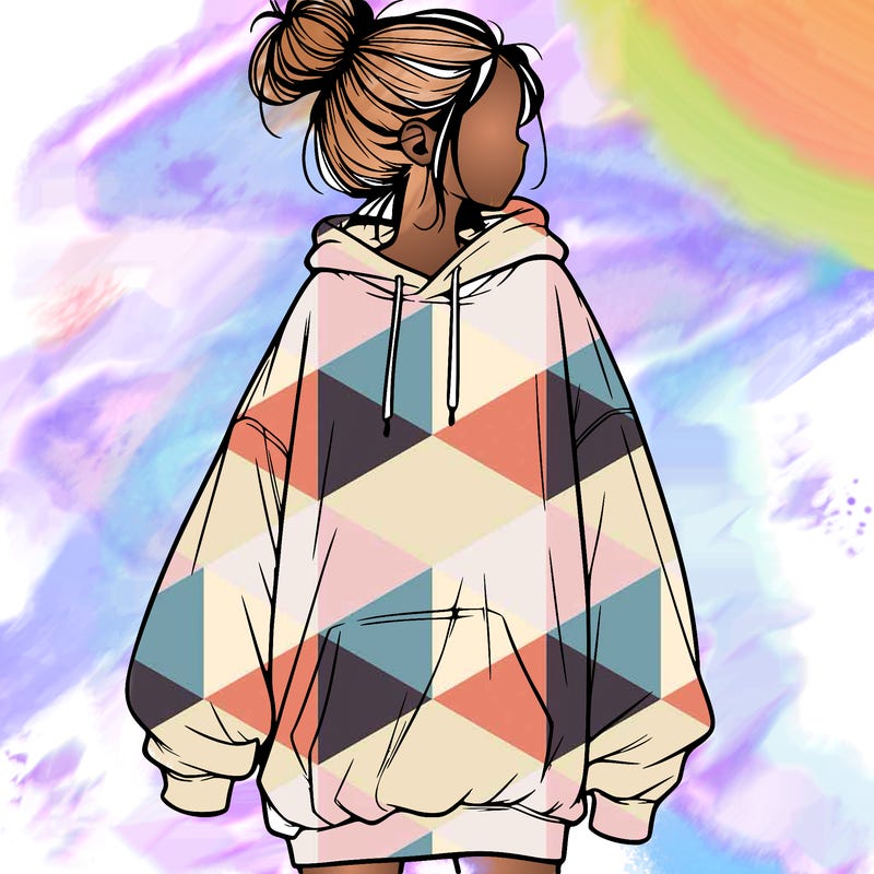 realistic girl with a oversized sweatshirt on and a bun