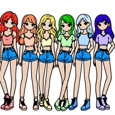 a group of girls wearing crop tops and shorts