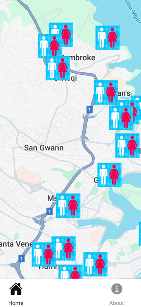 A map interface of Malta showing various public toilet locations marked with male and female symbols