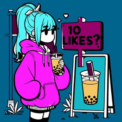 girl with oversized hoodie drinking boba and she has a high ponytail with a sign that says 10likes?