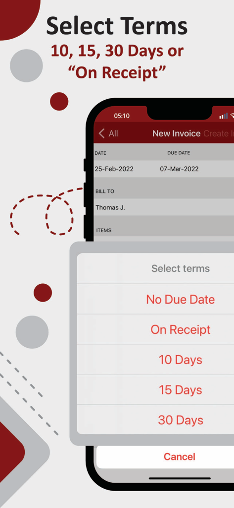 Invoice Maker : Easy & Speedy - Interface of the Invoice Maker app showing options to select payment terms such as 10, 15, or 30 days.