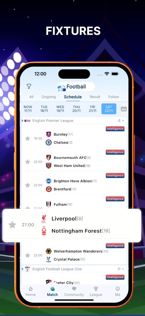 VAR Plus - Football Expert - VAR Plus app displaying the English Premier League football match schedule and fixtures.