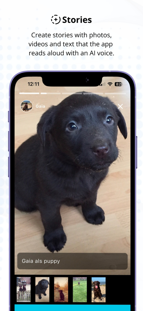 Text to Speech - Talkie - AI音声によってテキストが読み上げられる黒い子犬の写真を表示する、Talkieアプリのストーリー機能のスクリーンショット