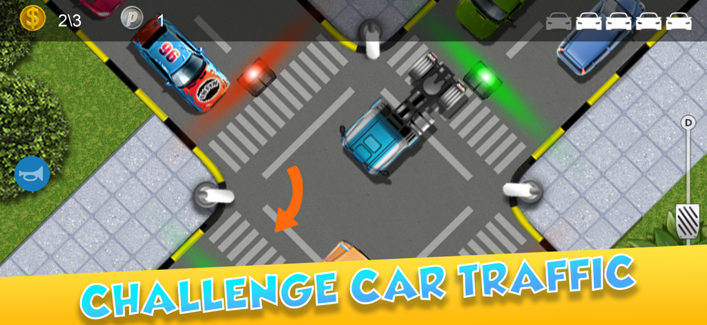 Top-down view of a truck and cars at a city intersection in Parking Mania.