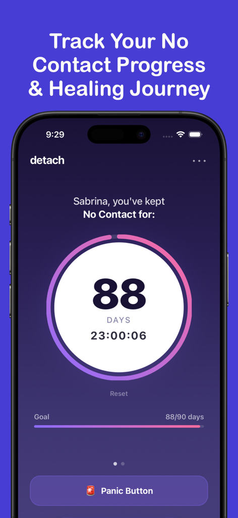 Detach: No Contact Tracker - Captura de tela do iPhone do aplicativo Detach mostrando um contador de sequência de não contato de 88 dias e um botão de pânico