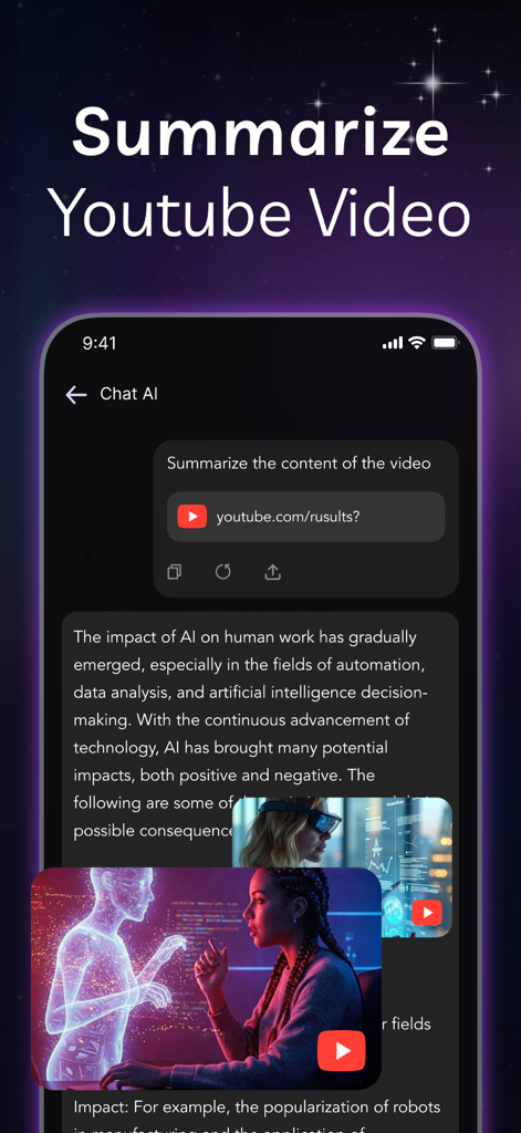 Cloud AI - AI Chat Assistant - Interfaz de la aplicación Cloud AI mostrando la función de resumen de videos de YouTube con un resumen de texto y miniaturas de video.