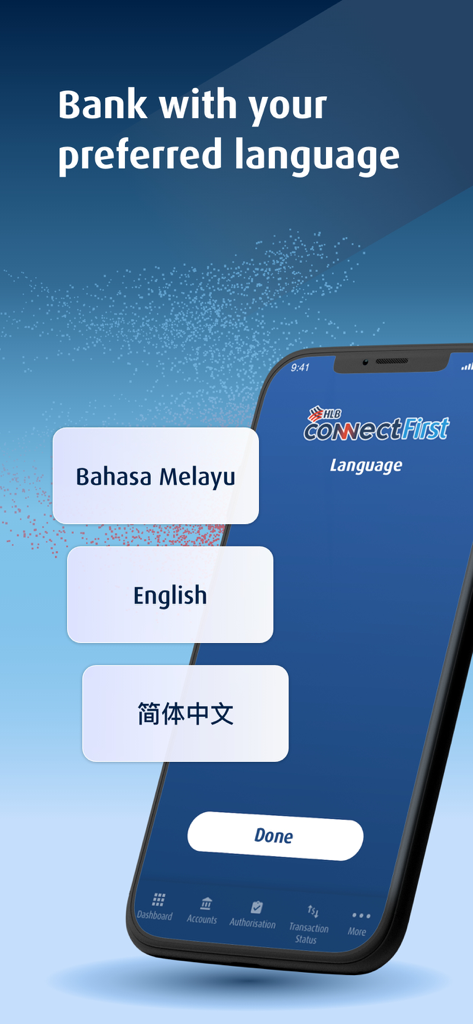 HLB ConnectFirst - HLB ConnectFirst mobile app interface showing language options for English, Bahasa Melayu, and Simplified Chinese