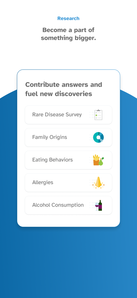 23andMe - DNA Testing - 23andMe app research screen showing health and lifestyle surveys for scientific discovery