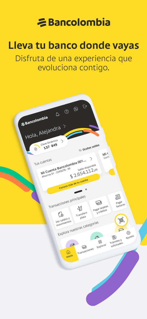 Mi Bancolombia - Tela de smartphone exibindo a página inicial do aplicativo Mi Bancolombia com saldo da conta e opções de transação