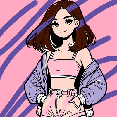 a realistic girl with a crop top and short shorts in an open jacket