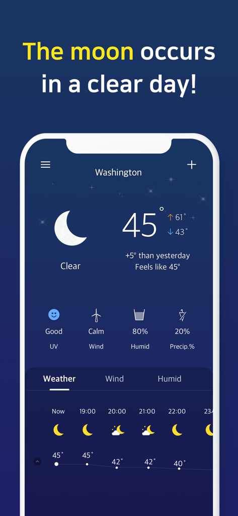 Interfaz de la aplicación Pantalla del Tiempo que muestra el tiempo para Washington con una comparación de la temperatura de hoy frente a la de ayer.