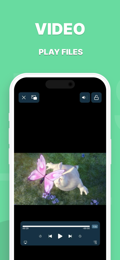 Browser & Offline File Storage - Una interfaz de reproductor de video móvil dentro de la aplicación que muestra controles de reproducción y un video de un conejo y una mariposa.