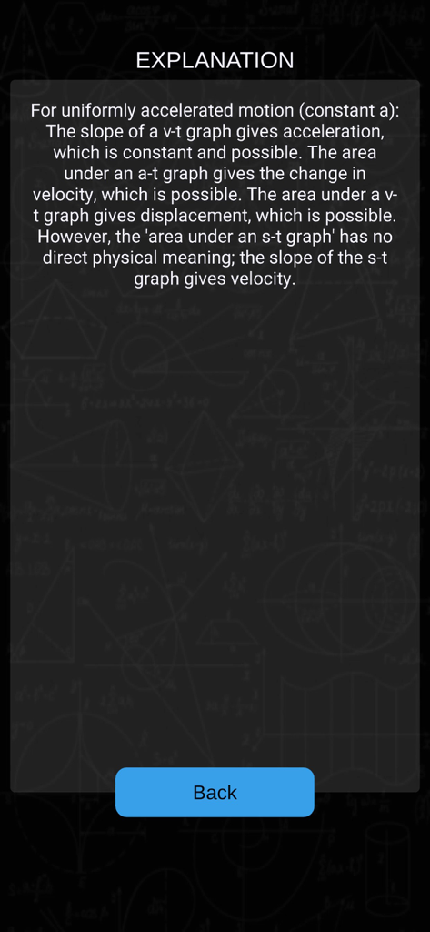 Ethio Learn Grade 7-12 Quizzes - Detailed physics quiz explanation screen about motion graphs and acceleration in the Ethio Learn app