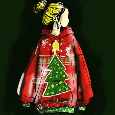 realistic girl with a oversized sweatshirt on and a bun