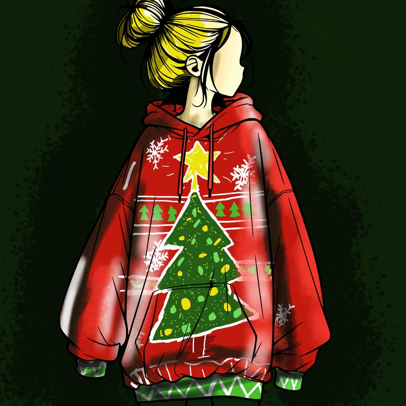 realistic girl with a oversized sweatshirt on and a bun