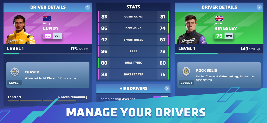 Driver management screen showing statistics and skills comparison for racing team drivers