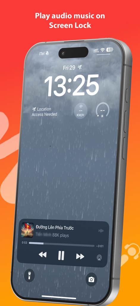 Music X Player-Music Streaming - Pantalla de bloqueo del iPhone mostrando los controles de reproducción de Music X Player y el widget de música