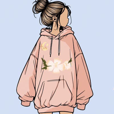 realistic girl with a oversized sweatshirt on and a bun