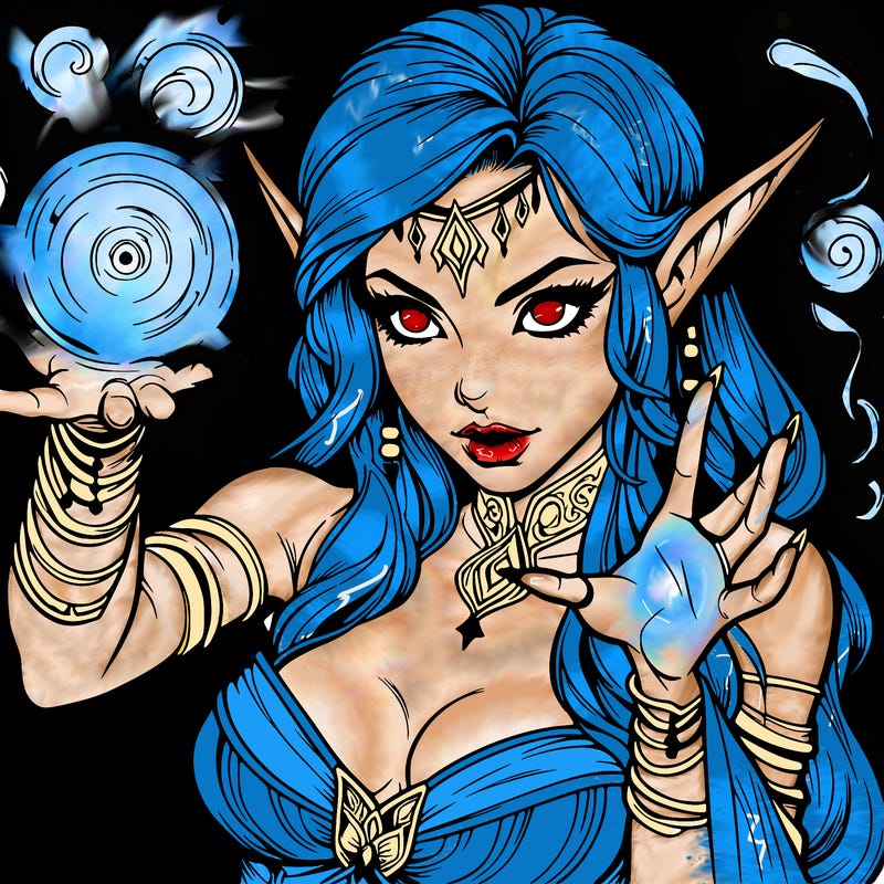 realistic scary beautiful elf sorceress casting spell