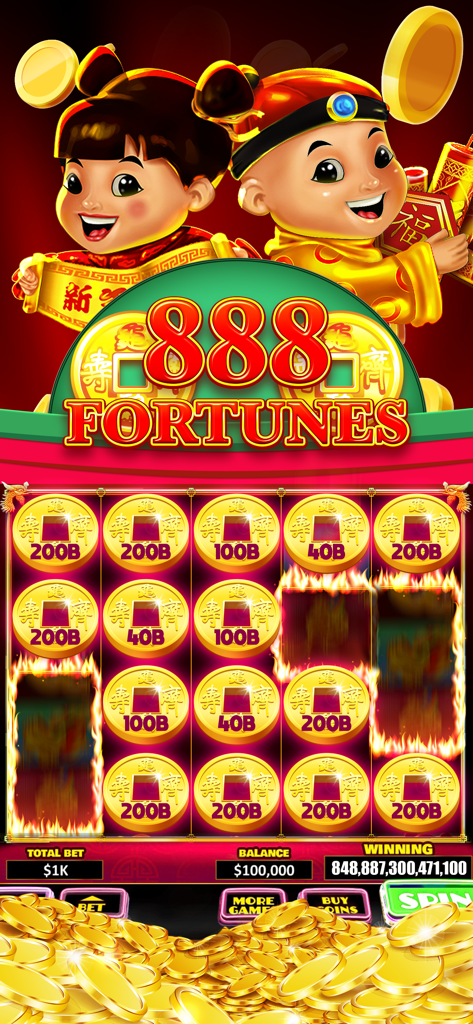 Captura de pantalla del juego de máquina tragaperras 888 Fortunes con monedas doradas y personajes de temática china con animaciones de fuego en los rodillos.