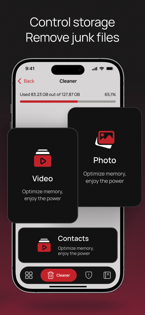 Captura de tela do aplicativo limpador Onnotex mostrando opções para otimizar o armazenamento de vídeo, fotos e contatos em um iPhone.