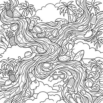 Unleash your creativity with this unique coloring page, blending the mesmerizing patterns of obsidian flows with delightful summer vacation elements. Discover a world of tropical fruits, beach essentials, and flowing lines ready for your vibrant imagination.
