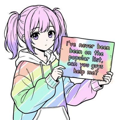 a cute anime girl with a sign saying  i’ve never been on the popular list, can you guys help me?