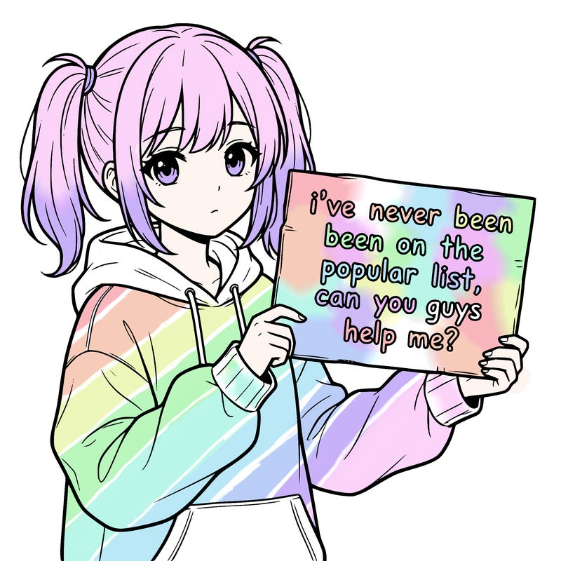 a cute anime girl with a sign saying  i’ve never been on the popular list, can you guys help me?